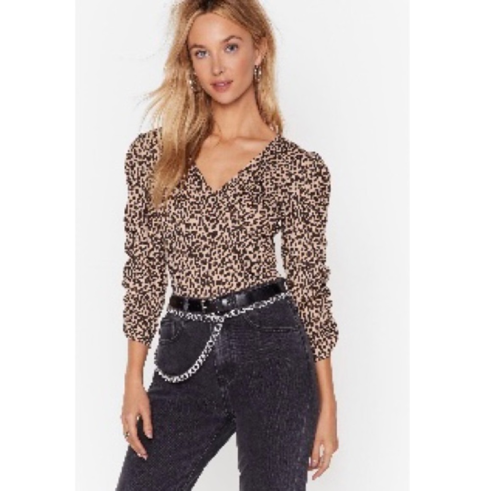 Nasty Gal Collection- Never Growl Up Ribbed Leopard Bodysuit